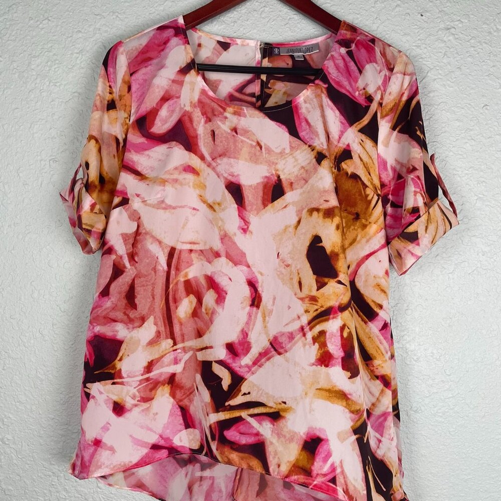 Jennifer Lopez Pink Brown Yellow Floral Short Sleeve Split Back Womens Top M